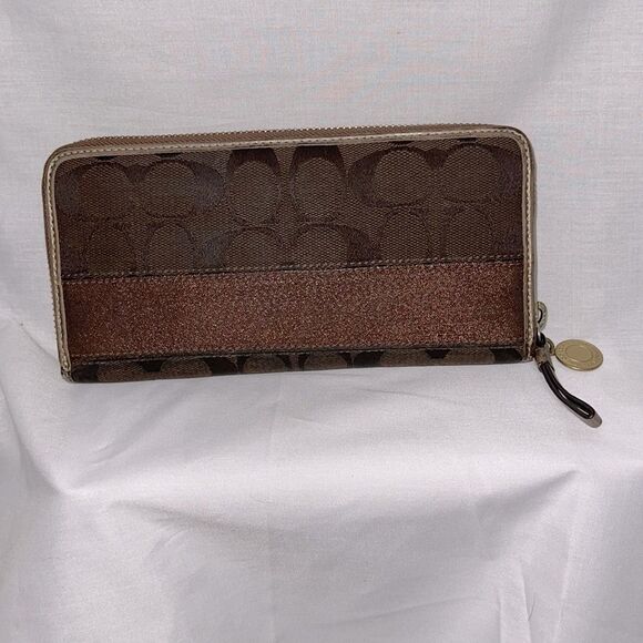 Coach Handbags - Coach Signature Brown Accordion Wallet with‎ Satin Stripes in the interior